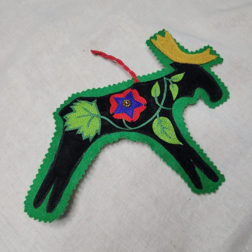 Handmade Felt Moose‎ Ornament Embroidered Floral Beaded Christmas Decor 7.5 Inch
